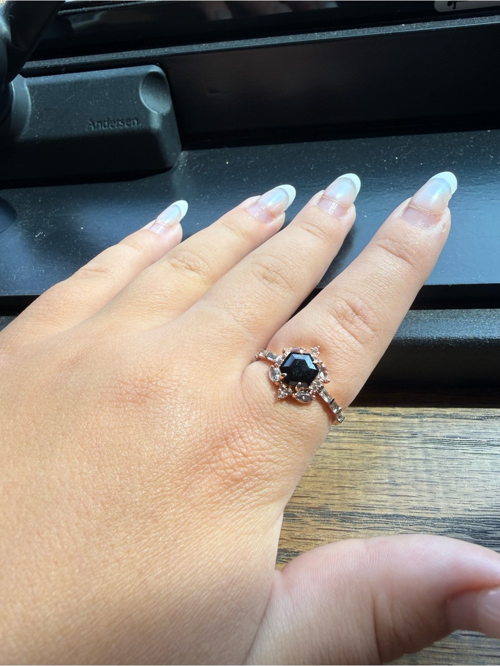 Rose Gold Tone Ring with Black Onyx Center Gem